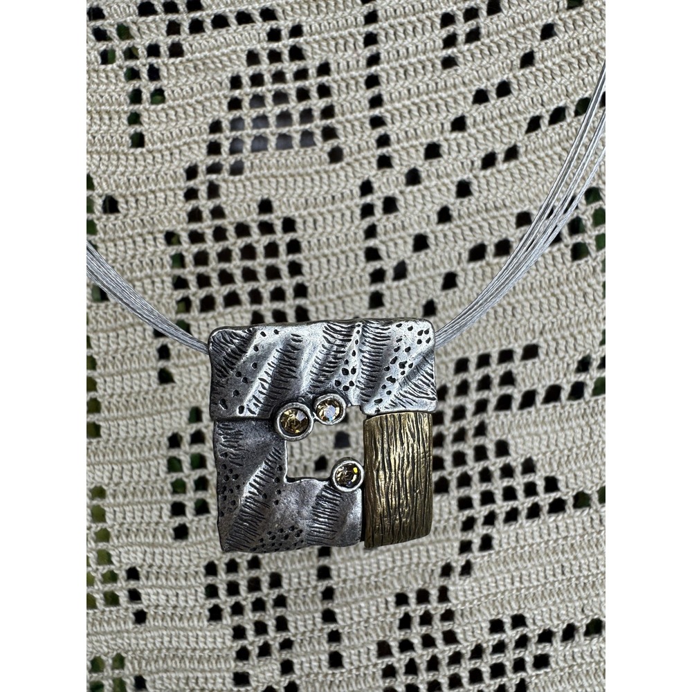 Chico's Square Rhinestone Pendant Necklace Women Mixed Metal Choker Silver Gold